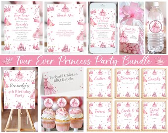 Editable FOUR Ever Princess Birthday Party Bundle Printable Princess 4th Birthday or Any Age Party Invitation and Decor4ations Corjl FEVP