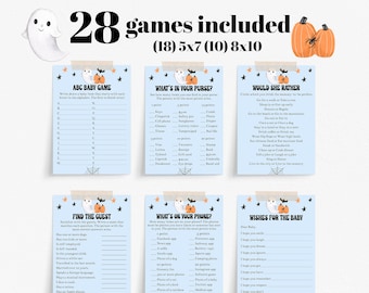 Op de afbeelding: Een set van zes babyshower spellen met een Halloween thema. De spellen zijn onder andere "ABC Baby Game", "What's in Your Purse?", "Would She Rather", "Find the Guest", "What's on Your Phone?" en "Wishes for the Baby". De afbeelding bevat ook pompoenen en een spook.