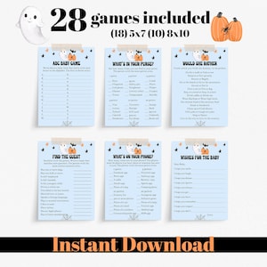 May include: A set of six baby shower games with a Halloween theme. The games include "ABC Baby Game", "What's in Your Purse?", "Would She Rather", "Find the Guest", "What's on Your Phone?", and "Wishes for the Baby". The image also includes pumpkins and a ghost.