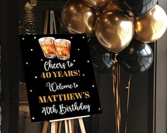 Editable Whiskey Welcome Sign Template Printable Mens 40TH Birthday Decorations Cheers To 40 Years Male Birthday Party Alcohol Party Any Age