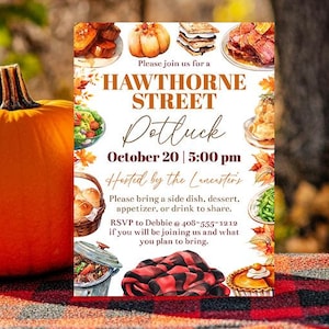 May include: An orange pumpkin sits next to a fall-themed invitation for a potluck on a red and black checkered tablecloth. The invitation reads "Hawthorne Street Potluck" with the date and time.