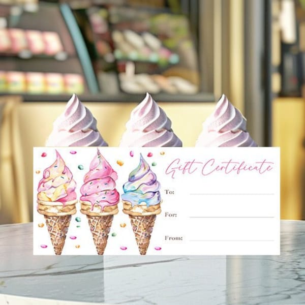 Certificado de regalo de helado, cupón de helado editable, cupón imprimible, regalo del Día del Padre, regalo del Día de la Madre, helado, regalo de cumpleaños, Corjl