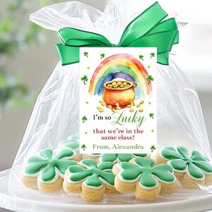 Peut inclure: Un présentoir à gâteau blanc avec des biscuits en forme de trèfle vert et un sac cadeau avec une étiquette qui dit "Je suis tellement chanceux que nous soyons dans la même classe ! De la part d'Alexandra".