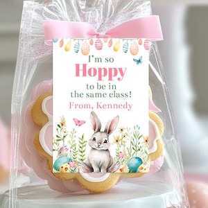 Puede incluir: Una galleta decorada en rosa y blanco con un conejito y flores. La galleta está empaquetada en una bolsa de celofán transparente con una cinta rosa y una etiqueta que dice "Estoy tan Hoppy de estar en la misma clase! De parte de Kennedy".