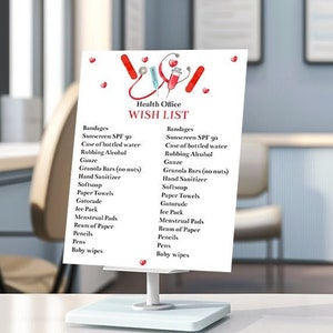 Bearbeitbare Krankenschwestern-Büro-Wunschliste, Schild für das Gesundheitsamt, benötigte Schulpflegerartikel, druckbare Liste der Krankenschwestern für das Gesundheitsamt, Corjl