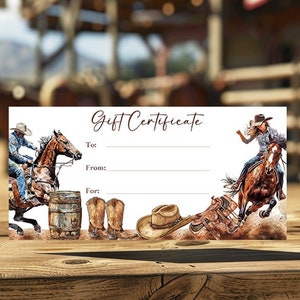 Bearbeitbare Reit- oder Rodeo-Geschenkgutscheinvorlage Druckbare Cowgirl- oder Cowboy-Rodeo-Gutscheingutschein Weihnachten oder Geburtstag Corjl