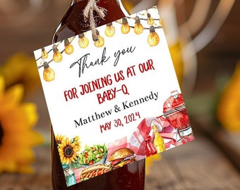 Etiqueta de recuerdo editable para Baby-Q, etiqueta de regalo imprimible para barbacoa, baby shower para parejas, baby shower mixto de verano, revelación de género para barbacoa, etiqueta Baby Q, Corjl, RCBQ