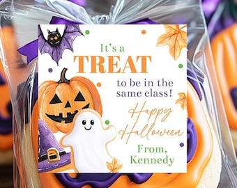 May include: Halloween-themed sugar cookies shaped like pumpkins, packaged in clear cellophane bags and tied with purple ribbon. Each cookie has orange icing and a decorative tag that reads "It's a TREAT to be in the same class! Happy Halloween."