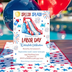 Modello di invito per festa con scivolo d'acqua per il Labor Day, invito modificabile per barbecue per il Labor Day, invito stampabile per festa in piscina di fine estate, Corjl