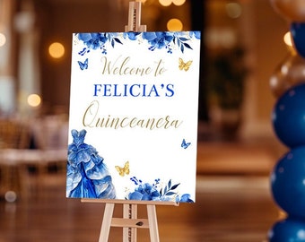 Quinceañera Welcome Sign Template Editable Blue Quinceanera Entrance Sign Printable Floral Girls 15th Birthday Party Decorations Corjl BLQU