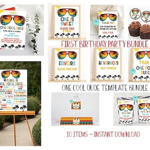 One Cool Dude 1st Birthday Party Bundle Templates, First Birthday Party Decorations, Boys Birthday Party, Printable, Corjl, Instant, ONEC