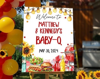 Baby-Q 16x20 & 18x24 Welcome Sign Template Editable Baby Q Baby Shower Decorations, Printable Couples Coed Baby Shower Decor, Corjl, RCBQ