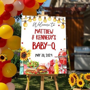 Baby-Q 16x20 & 18x24 Willkommensschild Vorlage Bearbeitbare Baby Q Babypartydekorationen, druckbare Paare Coed Babypartydekor, Corjl, RCBQ