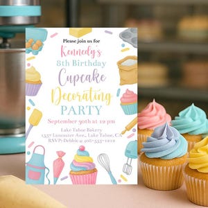 Editable Cupcake Decorating Birthday Invitation Template Printable Girls Baking Birthday Invite Kids Cake Decorating Party Invitation Corjl