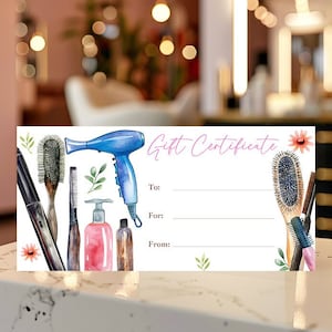 Plantilla de certificado de regalo imprimible para herramientas y productos para el cabello, cupón de peluquería personalizado editable, para Navidad, cumpleaños, escuela, graduación, Corjl