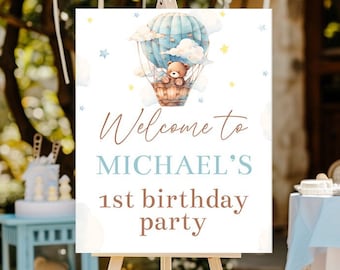 Isn't He ONEderful 1st Birthday Party Welcome Sign, 16x20 Hot Air Balloon and Bear First Birthday Boy Decor One Year Old Birthday Corjl HABP