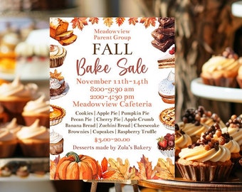Editable Fall Bake Sale Flyer Template Printable School Bake Sale Church Bake Sale Fundraiser Autumn Fundraiser Fall Harvest Festival Corjl