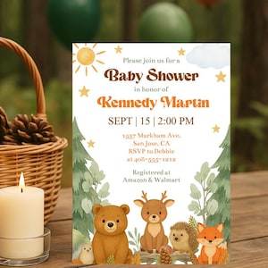 Modèle d'Invitation de baby shower des bois, invitation modifiable d'animaux de la forêt, invitation imprimable d'animaux de la forêt neutres en matière de genre, Corjl, WDBS