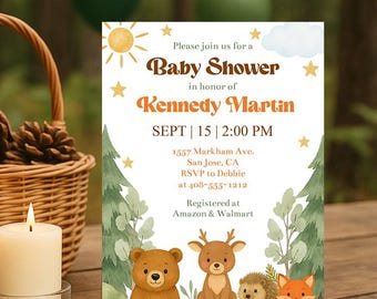 Woodland Baby Shower Invitation Template, Editable Woodland Animals Invite, Printable Gender Neutral Forest Animals Invite, Corjl, WDBS