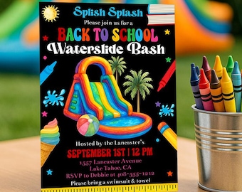 Modèle d'invitation pour la rentrée des classes avec toboggan aquatique Fête de fin d'été pour l'école primaire, toboggan aquatique pour enfants, soirée piscine, invitation Corjl