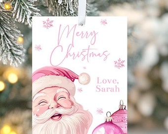 Editable Pink Santa Christmas Tag Template, Printable Pink Christmas Gift Tag, Retro Christmas Gift Tag, Pink Holiday Favor Tag, Corjl, PSCH