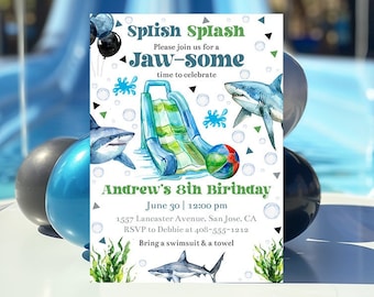 Editable Shark Jawsome Waterslide Birthday Party Invitation Template Boys Pool Party Birthday Invite Printable Summer Water Slide Corjl