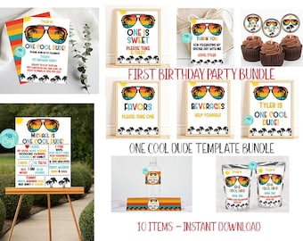 One Cool Dude 1st Birthday Party Bundle Templates, First Birthday Party Decorations, Boys Birthday Party, Printable, Corjl, Instant, ONEC