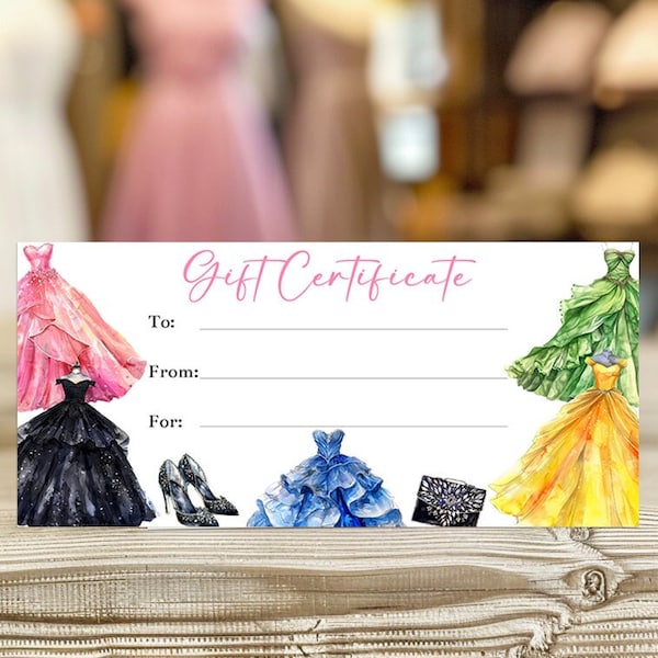 Printable Evening Dress Gift Certificate Template, Prom Bridesmaid Wedding, Editable Formal Event Dress Coupon Voucher, Formal Attire, Corjl