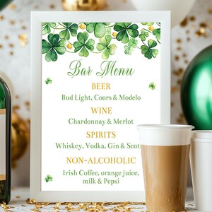 Modelo de placa de menu de bar editável para o dia de São Patrício, placa de mesa de álcool para festa de São Patrício, placa de coquetéis para impressão no dia de São Patrício, Corjl