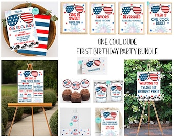 One Cool Dude 1st Birthday Party Bundle Templates 4th of July Red White Blue First Birthday Party Decorations Printable Party Corjl ONEF