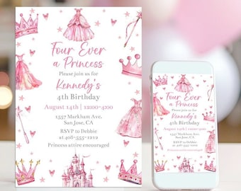 Four Ever A Princess Invitation and Evite Editable Pink Princess Girls 4th Birthday Or Any Age Princess Party Printable Text Corjl FEVP