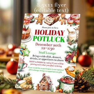 Op de afbeelding: Een 8,5x11 flyer met de tekst "HOLIDAY POTLUCK" in rood en groen. De flyer bevat illustraties van feestelijke lekkernijen zoals peperkoekmannen, koekjes en een peperkoekhuisje. Het geeft details voor een potluck op 20 december.
