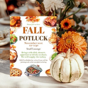 Editable Fall Potluck Flyer 8.5x11 5x7 Templates Printable Friendsgiving Staff Potluck Teacher Staff Appreciation Lunch Thanksgiving Corjl
