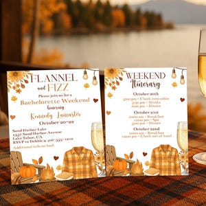 Puede incluir: Dos tarjetas de invitación para un fin de semana de despedida de soltera, con el texto "Flannel and Fizz" y "Weekend Itinerary". Las tarjetas presentan ilustraciones con temática otoñal y están colocadas sobre una manta a cuadros con una copa de champán.