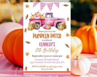 May include: A rectangular invitation card featuring a pink truck carrying pumpkins, pink gingham bunting, and autumn leaves. Text reads: Please join us at the PUMPKIN PATCH to celebrate KENNEDY'S 8th Birthday, September 31st at 12:00 pm, Lancaster Pumpkin Patch, 1557 Lancaster Avenue, San Jose, CA, RSVP to Debbie @ 408-555-1212.