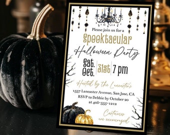 Glam Halloween Party Invitation Template, Editable Black & Gold Pumpkin Costume Party Invite, Printable Adult Halloween Party, Corjl, BGHP