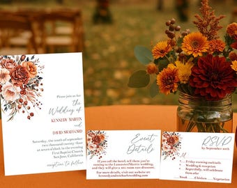 Terracotta Boho Editable Fall Wedding Invitation Suite Templates Printable Autumn Wedding Invite Burnt Orange Peonies and Roses Corjl TCBW