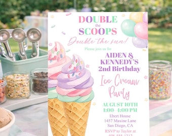Twins Ice Cream Birthday Invitation, Double Scoops Pastel Party (Digital Download) DESB