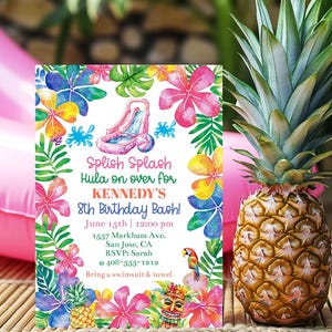 May include: A colorful invitation for a luau-themed 8th birthday party. The invitation features a pink inflatable water slide, tropical flowers, and a pineapple. The text reads "Splish Splash Hula on over for KENNEDY'S 8th Birthday Bash!" with details about the party date, time, location, RSVP information, and a request to bring a swimsuit and towel.