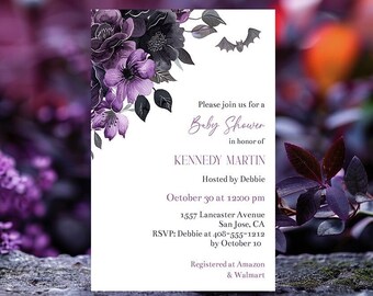 Bewerkbare sjabloon babyshower uitnodiging Halloween gotische bloemen, herfst griezelige babyshower uitnodiging, paarse en zwarte herfst bloemen, Corjl HPBB