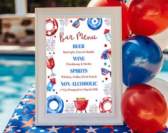 Editable 4th Of July Party Bar Menu Sign Template, Printable Independence Day Party Alcohol Sign, Fourth Of July Pool Party, Corjl
