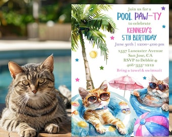 May include: A colorful invitation for a pool party celebrating Kennedy's 5th birthday. The invitation features a cartoon illustration of two cats wearing sunglasses and floating in a pool with a palm tree and beach ball. The text on the invitation reads "Join us for a Pool Paw-Ty to celebrate Kennedy's 5th Birthday" and includes the date, time, address, and RSVP information.
