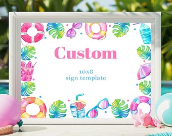 Editable Pool Party Custom Sign Template For Personalized Signs Tropical Bright Pink and Blue Swim Party Birthday Party Decor Corjl PBPP