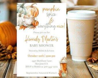 Editable Pumpkin Spice and Everything Nice Pumpkin Spice Baby Shower Invitation Template Fall Autumn Baby Shower Pumpkin Latte Corjl PSEN