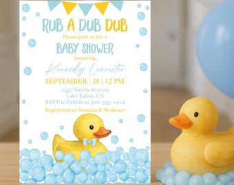 May include: A baby shower invitation with the text "Rub a Dub Dub" and a yellow rubber ducky illustration. A yellow rubber ducky figurine sits on a blue bubble base. Blue and yellow balloons are in the background.