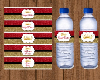 Prince Baby Shower Water Bottle Red and Gold, Prince Red & Gold, Boy Baby Shower, Instant Download, Printable, Red and Gold Baby Shower
