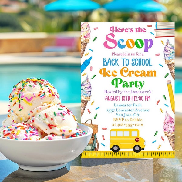 Editable Ice Cream Back To School Invitation Template, Printable End Of Summer Classroom Party Invite, Ice Cream Social Invite, Corjl