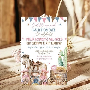 Cowboy and Cowgirl Birthday Invitation, Joint Birthday Invite ...