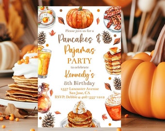 Könnte beinhalten: Eine rechteckige Einladungskarte mit Aquarellillustrationen von Pfannkuchen, Speck, Eiern, Sirup und Kürbissen. Der Text lautet: Please join us for a Pancakes & Pajamas PARTY to celebrate Kennedy's 8th Birthday, 1557 Lancaster Avenue, San Jose, CA, RSVP: Debbie @ 408-555-1212.