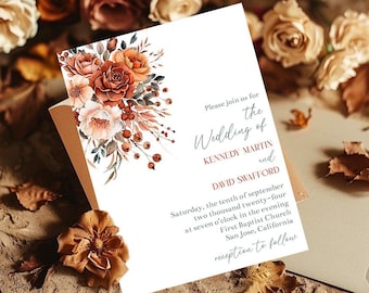 Terracotta Boho Editable Fall Wedding Invitation Template Printable Autumn Wedding Invite Burnt Orange Green Peonies and Roses Corjl TCBW